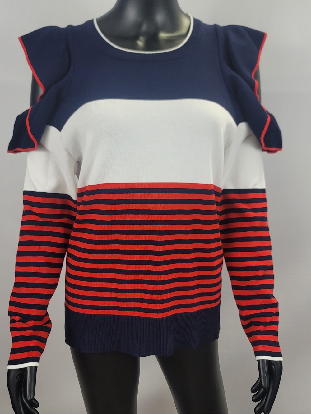 Size Small Navy, White & Red Striped Cold-Shoulder Sweater